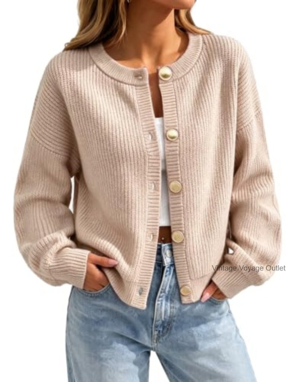 Chunky Knit Button Cardigan Cropped Loose Fit Sweater - Picture 1 of 6